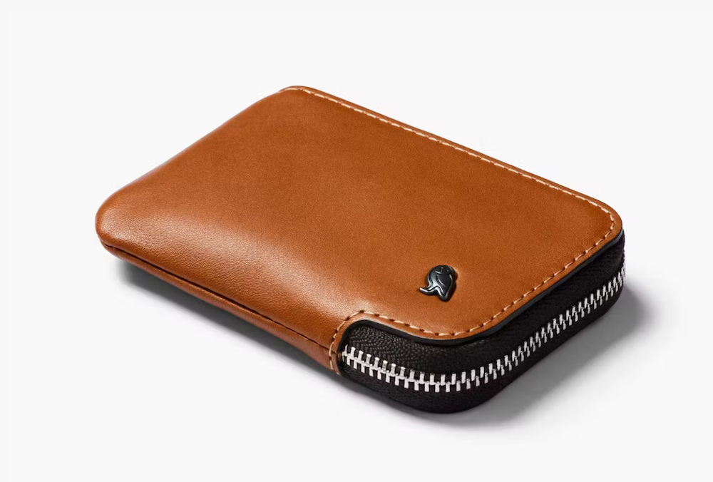 Bellroy card pocket wallet, caramel, leather, zip wallet