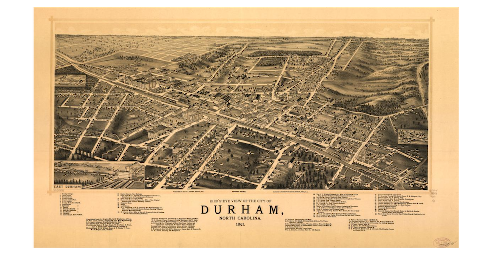 Durham NC, bird's eye view, print, 1891, Ruger & Stoner.