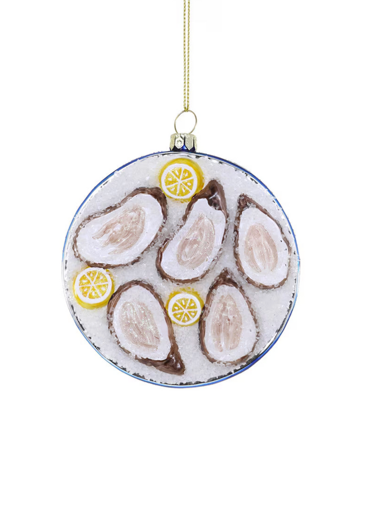 glass ornament that looks like oysters on the half shell on a bed of ice with lemon slices