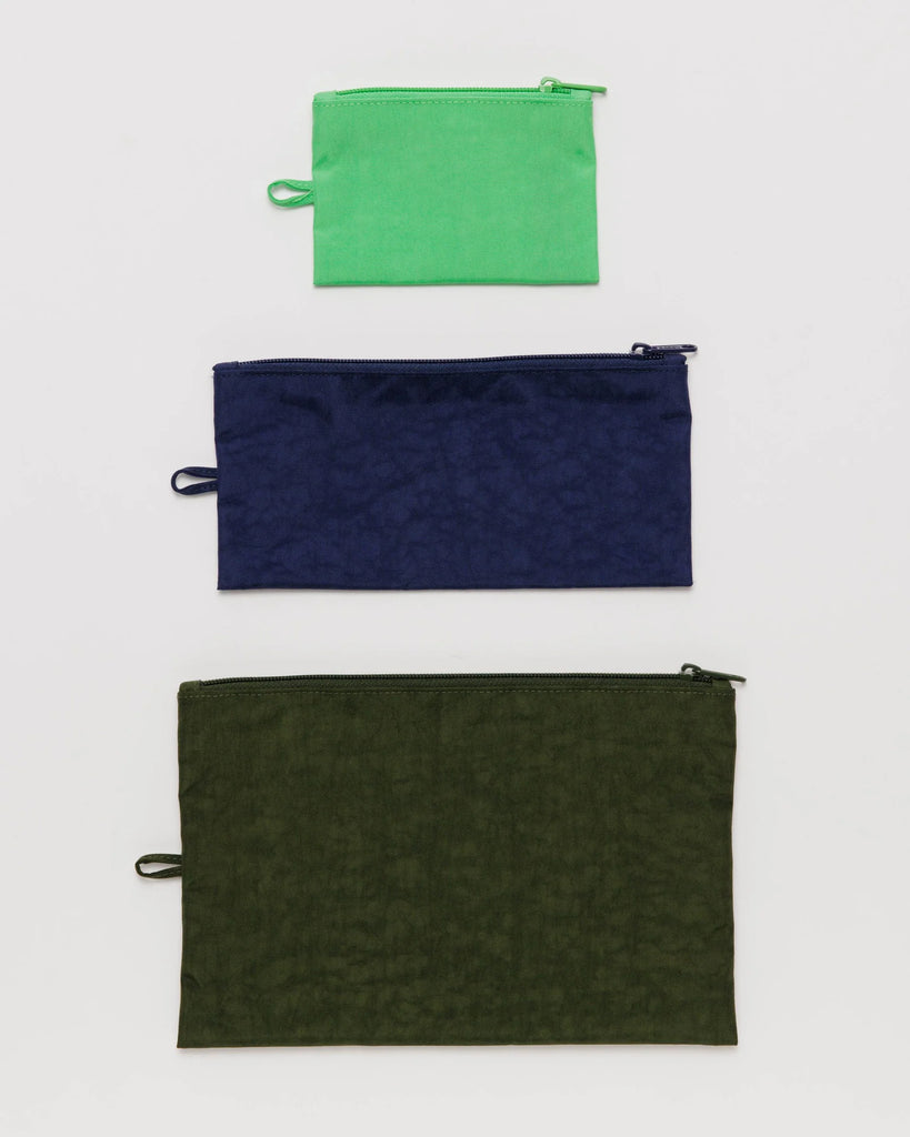 baggu flat pouch set, marine, nylon travel bags, bright green olive green navy trio