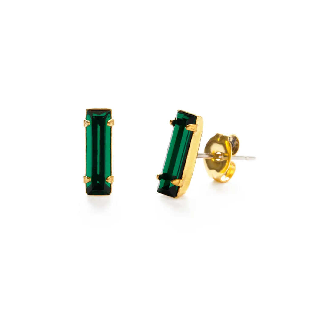 Green gemstone baguette stud earrings with gold posts on a white background