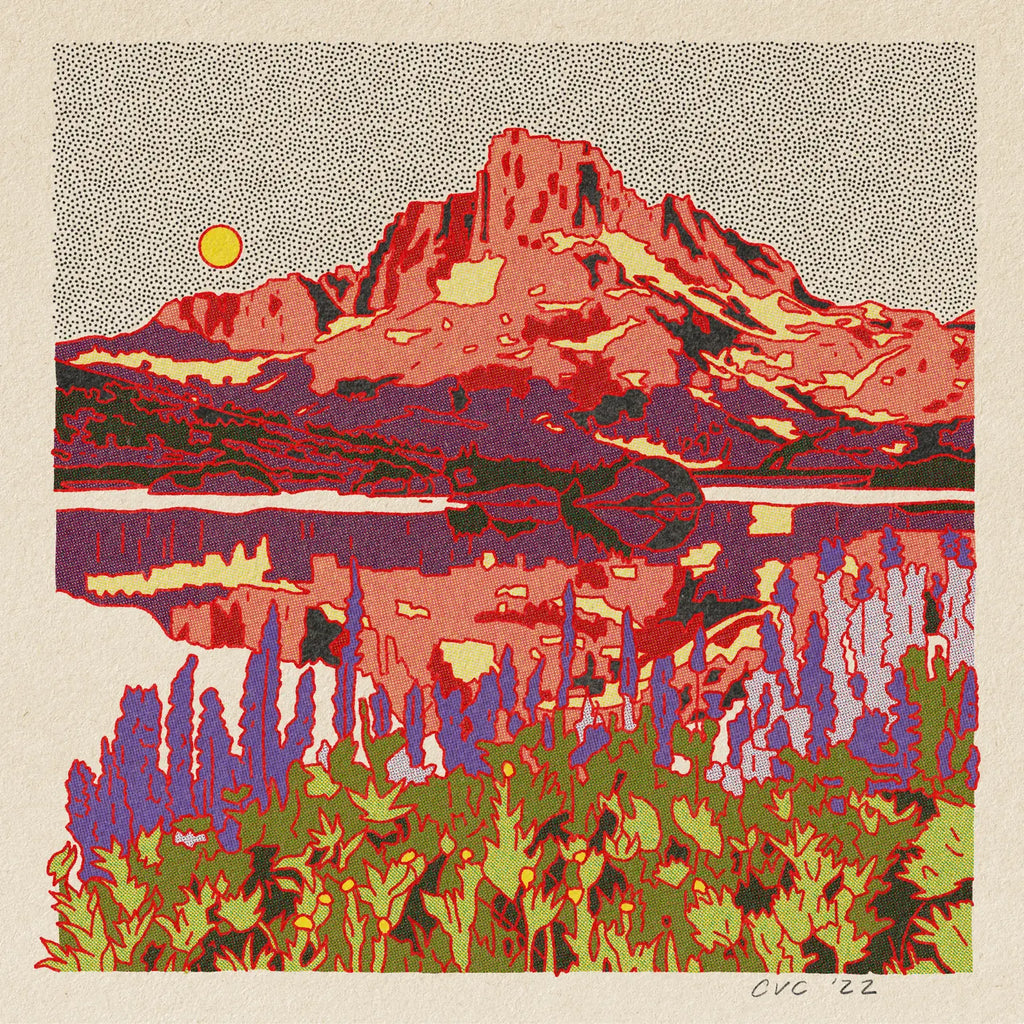 Colorful dotwork art of a mountain landscape with reflection and sun.