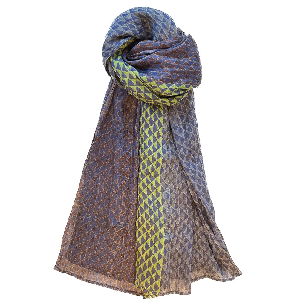 Patterned scarf with blue and green triangle design on a white background