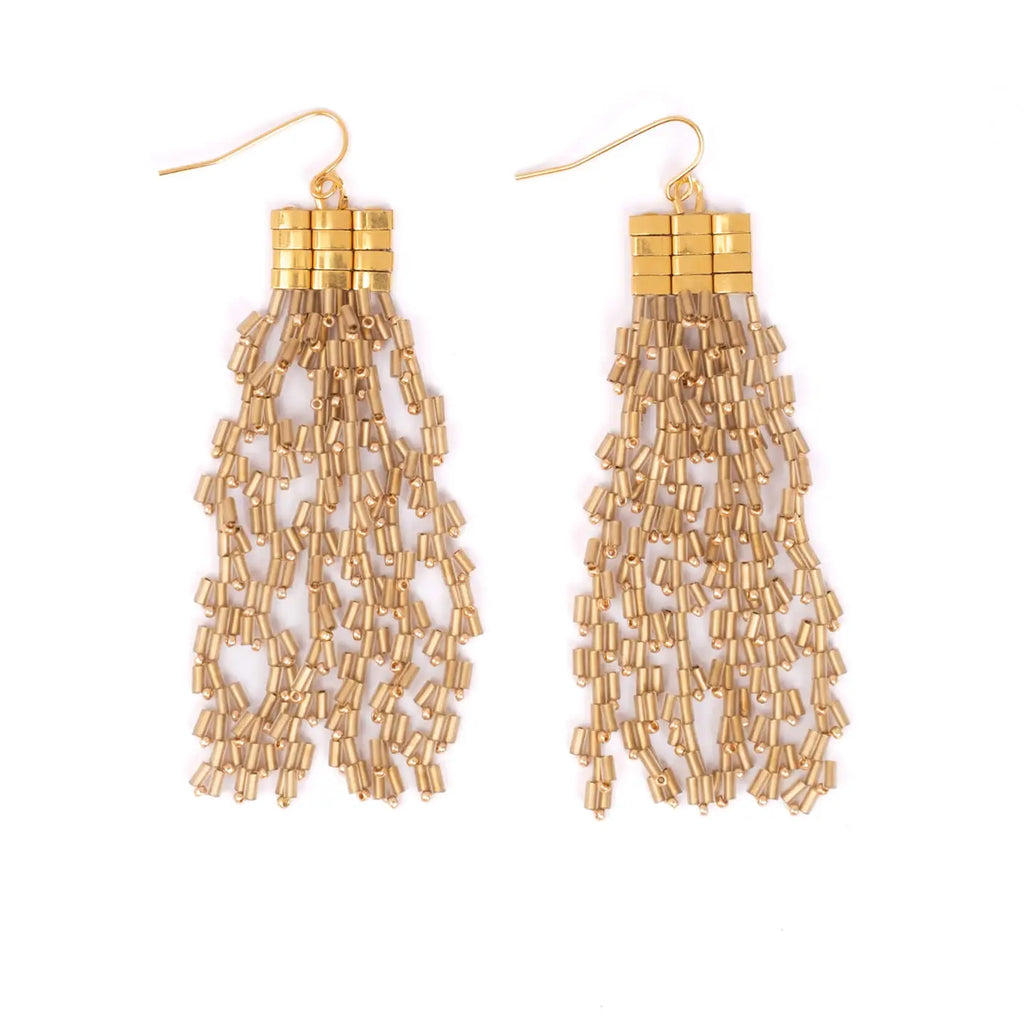 Gold  beaded cascade earrings on a white background