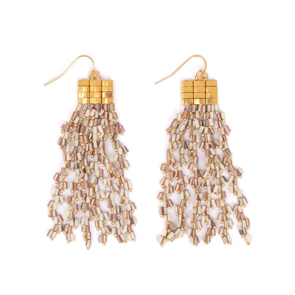 white and gold beaded cascade earrings on a white background
