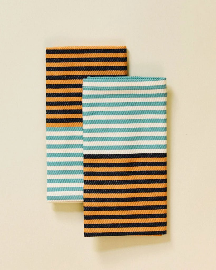 Two striped orange, teal, cream and black on a beige background