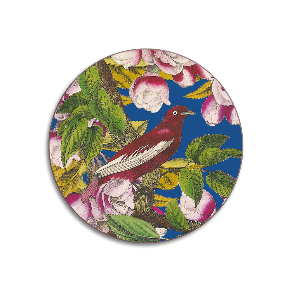 Studio Avenida, Avenida Home, floral birds pattern, ruby, cork back, round coaster, made in England
