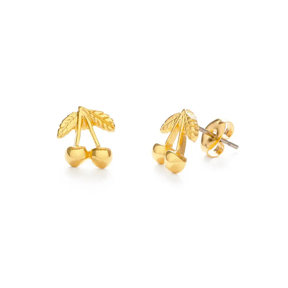 Gold cherry-shaped stud earrings on a white background