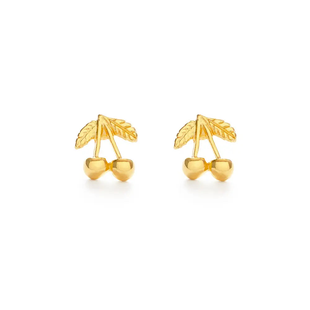 Gold cherry-shaped earrings on a white background