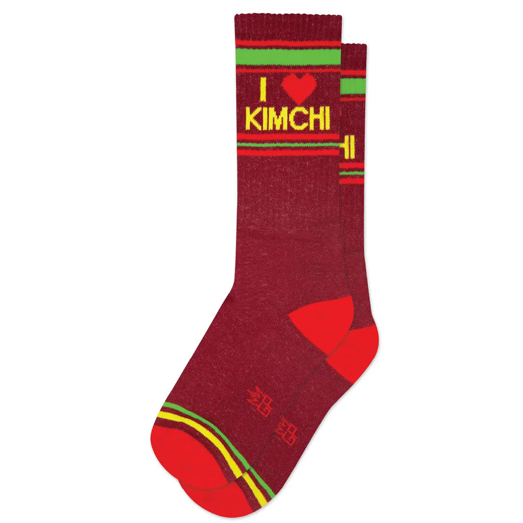 Maroon sock with red heel, toe and banding with 'I ❤️ Kimchi' text on a white background