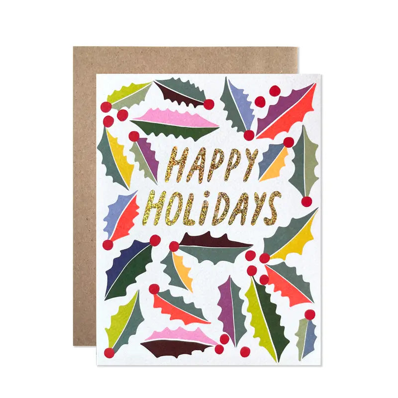 Greeting card with colorful holly leaves and 'Happy Holidays' text on a white background