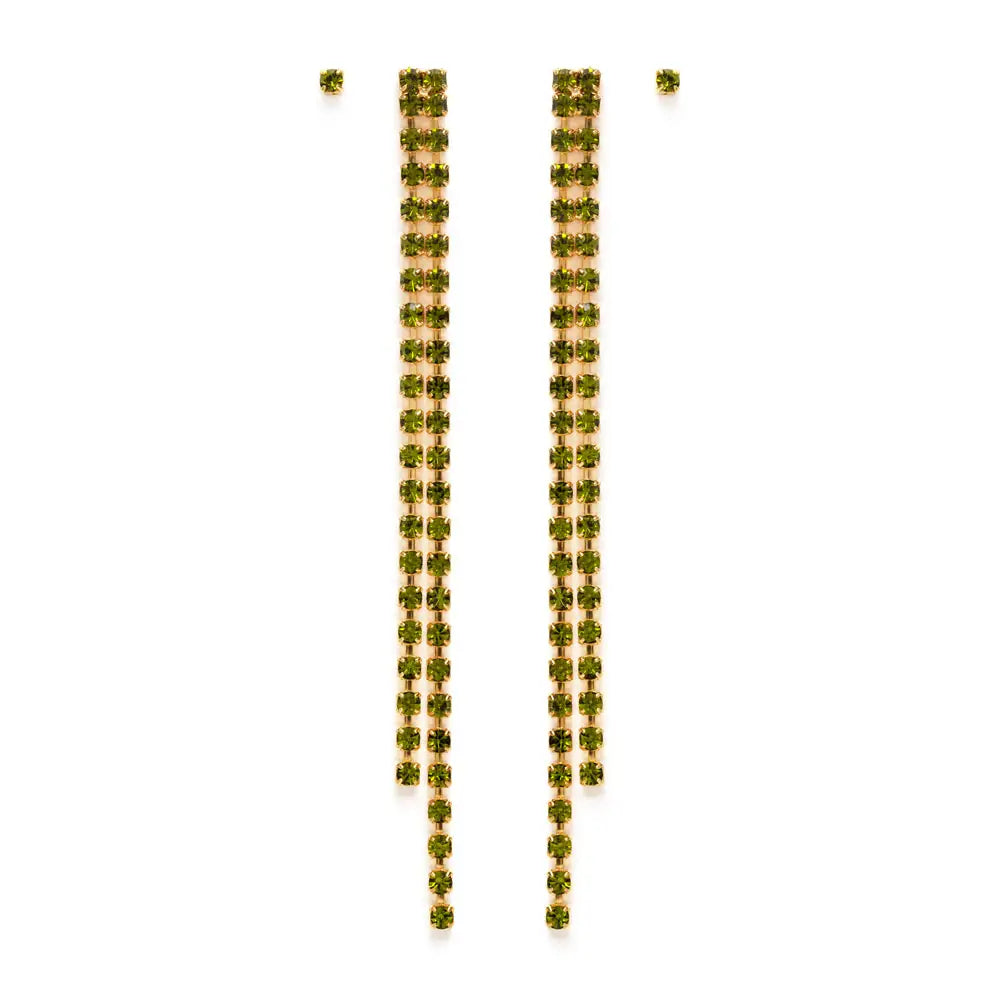 Pair of gold dangle  earrings with green gemstones on a white background