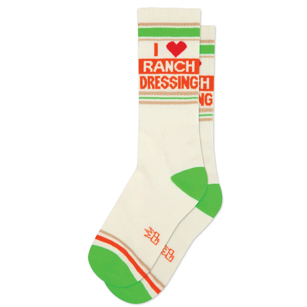 Pair of cream colored socks with neon green heel, toe and banding  with 'I ❤️ Ranch Dressing' text on a white background