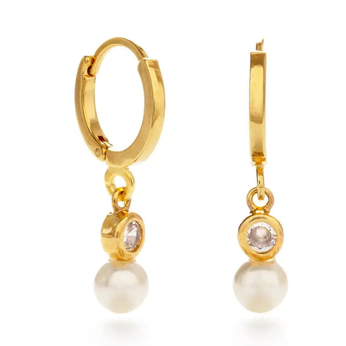 Gold hoop earrings with round gemstones on a white background