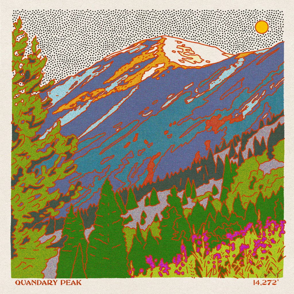 Colorful illustration of a mountain peak with trees and a sun, featuring the text 'Quandary Peak' and '14.272'.