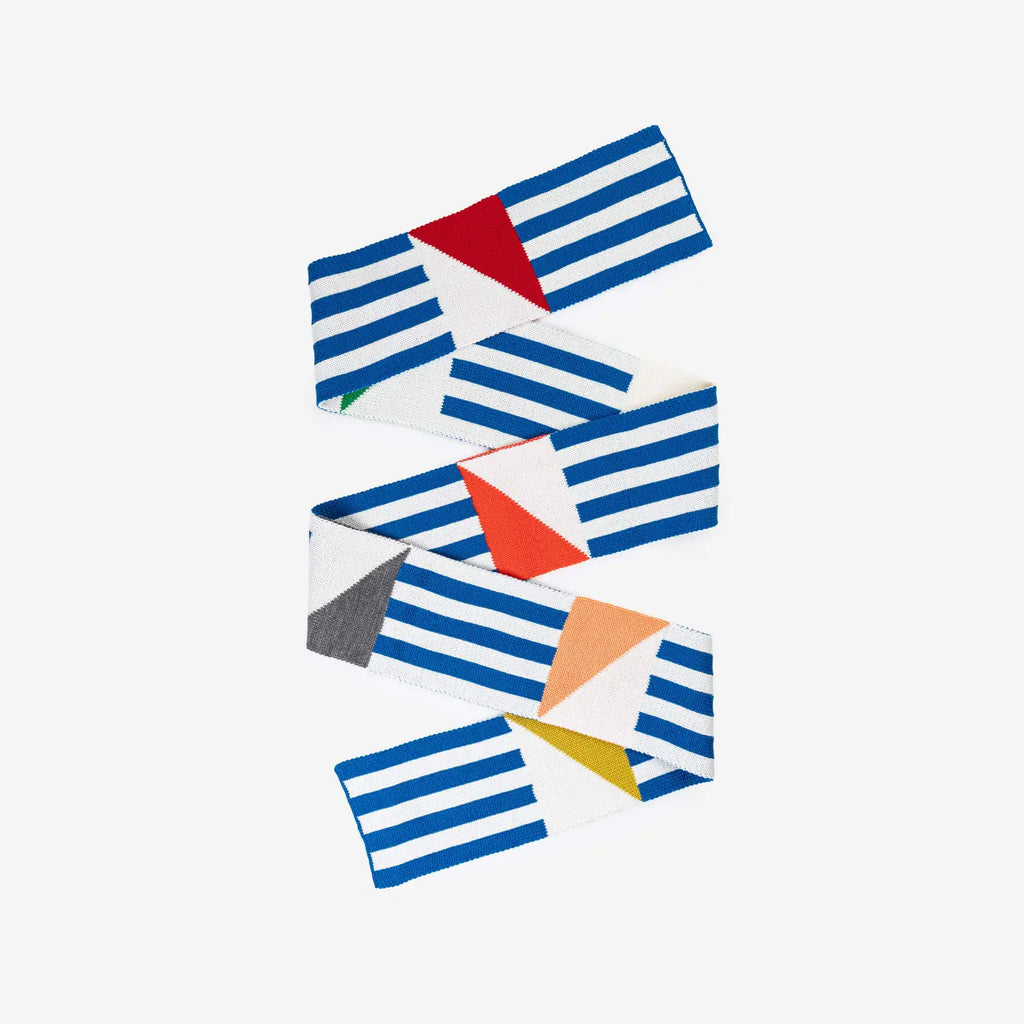 Blue and white striped knitted scarf with multiple color triangles on a white background.