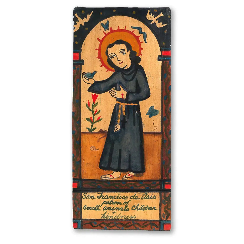 Wooden pocket saint retablo of St. Francis de Asis wearing a blue robe with golden halo and surrounded by blue birds.