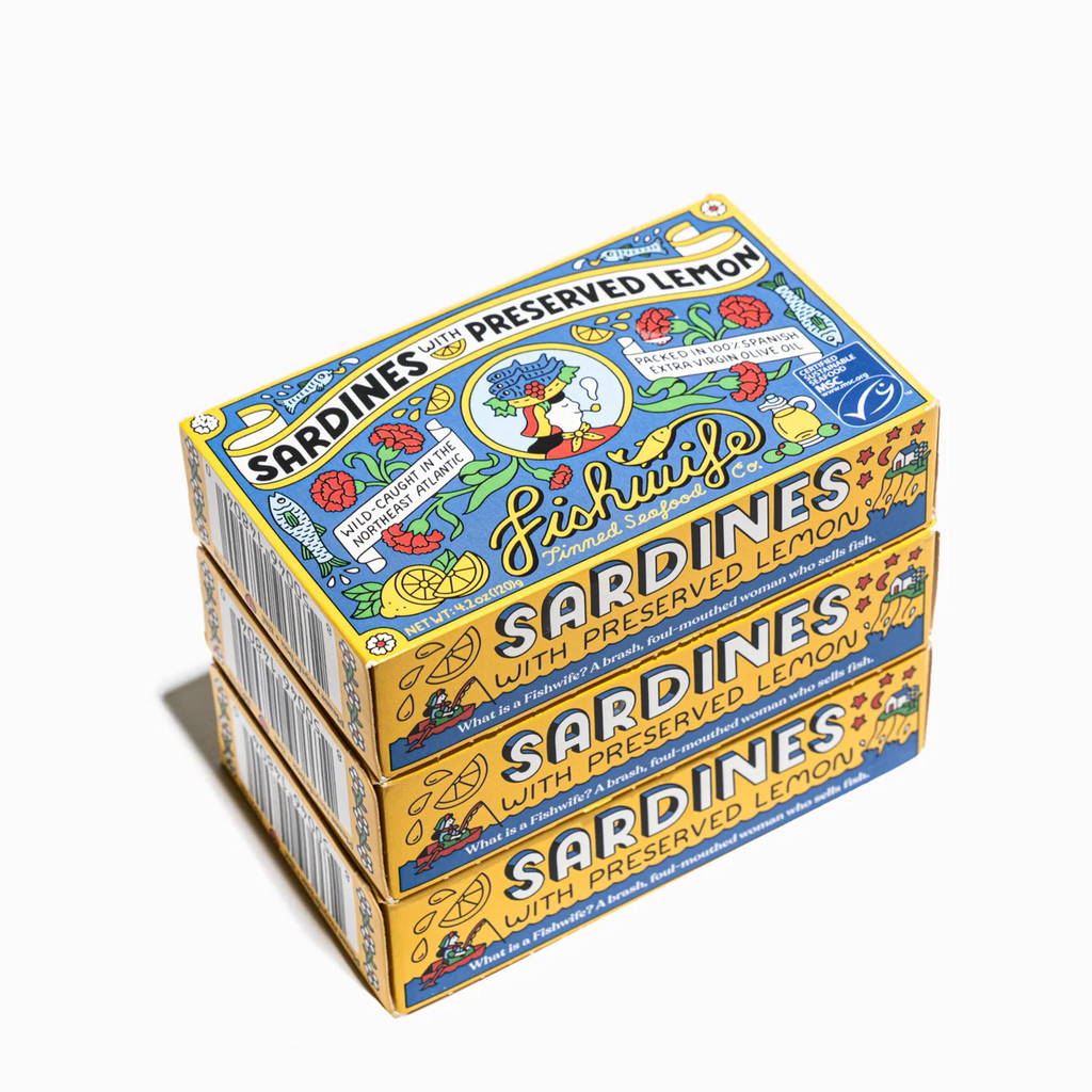 Stack of sardine with preserved lemon boxes with colorful packaging on a white background
