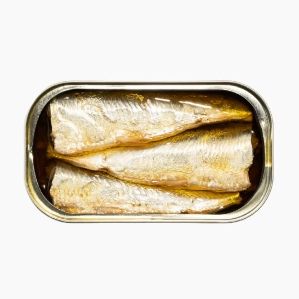 Open tin of canned sardines on a white background