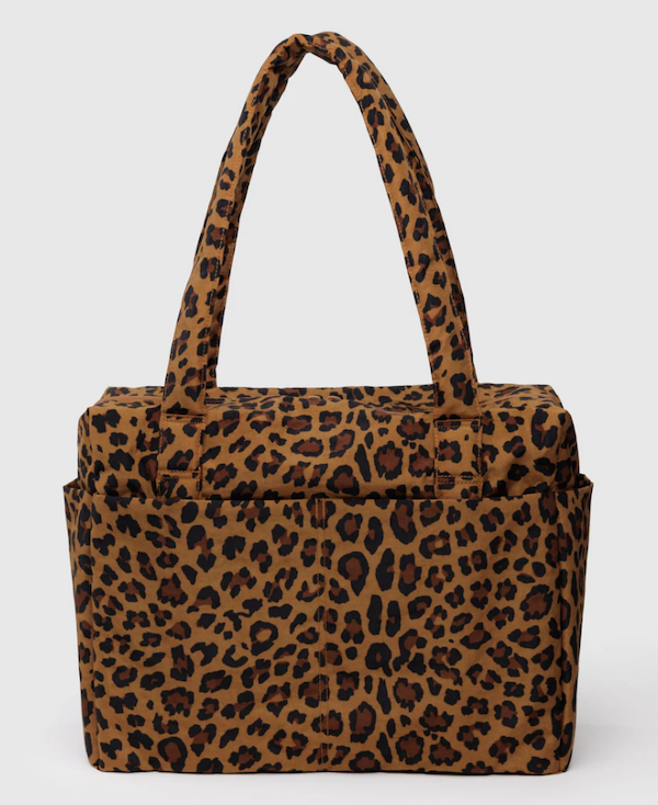 Leopard print handbag on a white background