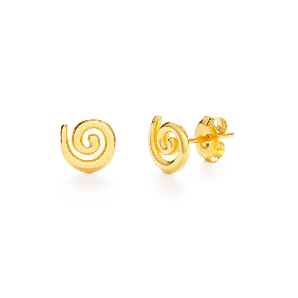 Gold spiral earrings on a white background
