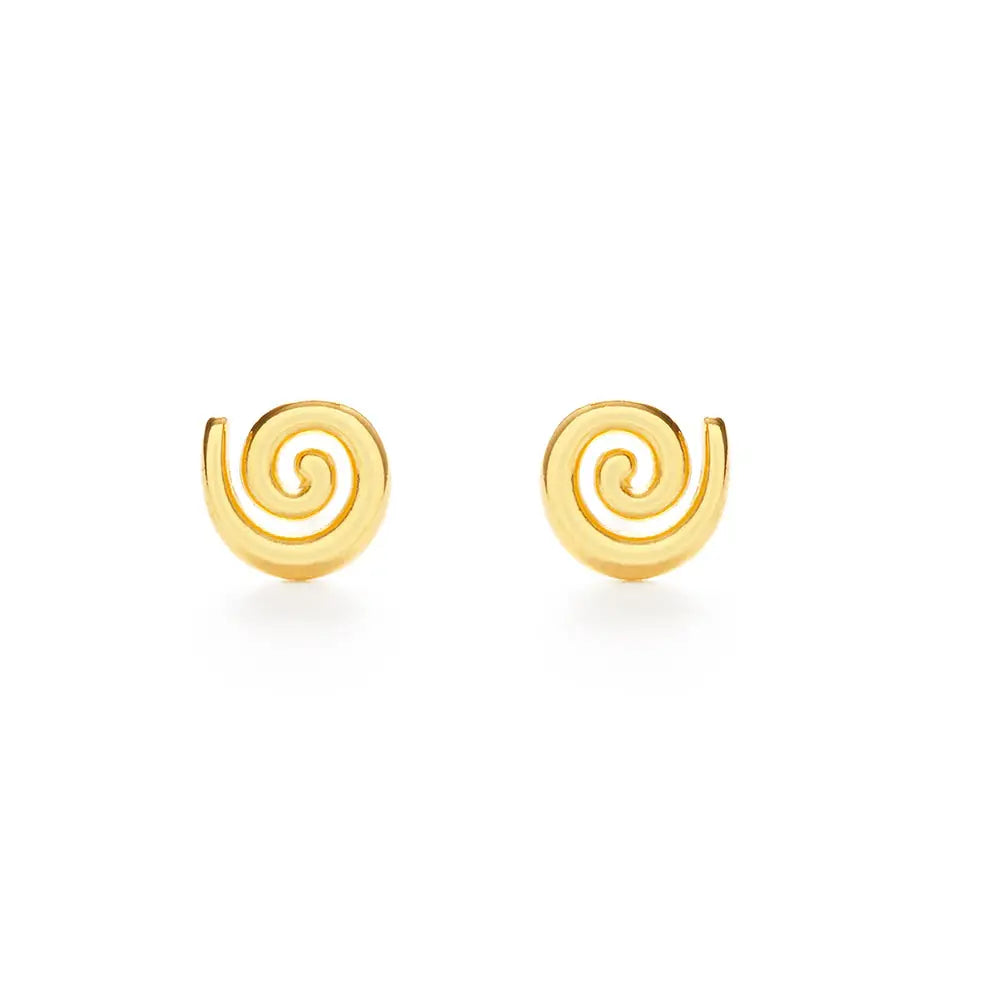 Pair of gold spiral earrings on a white background