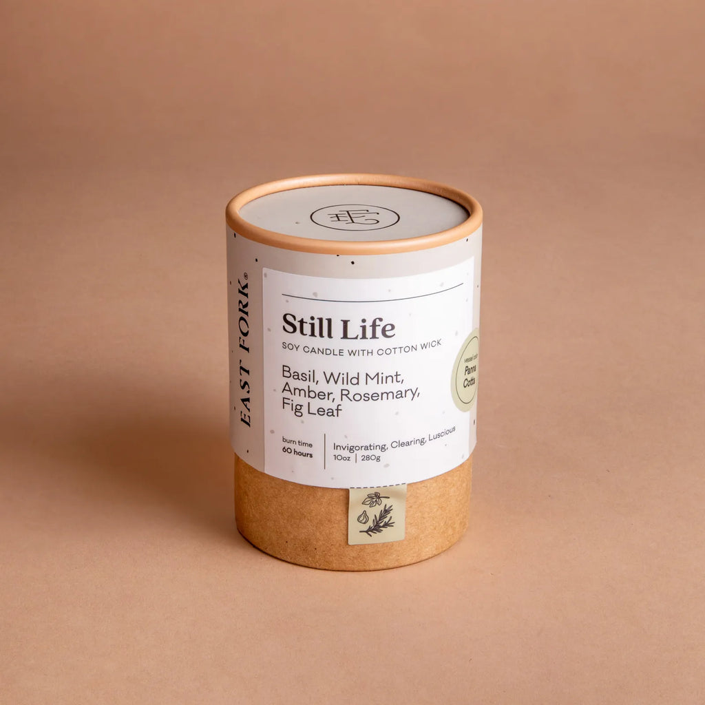 eastforkpottery, made in NC, NCpottery, panna cotta color, Still Life soy candle, basil, wild mint, amber, rosemary, fig, NCclay