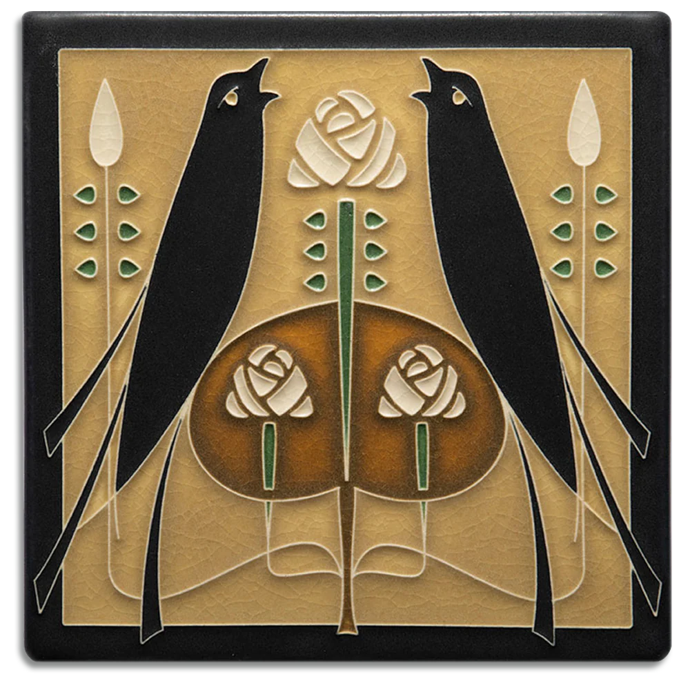 Decorative tile with stylized black birds and roses on a beige background