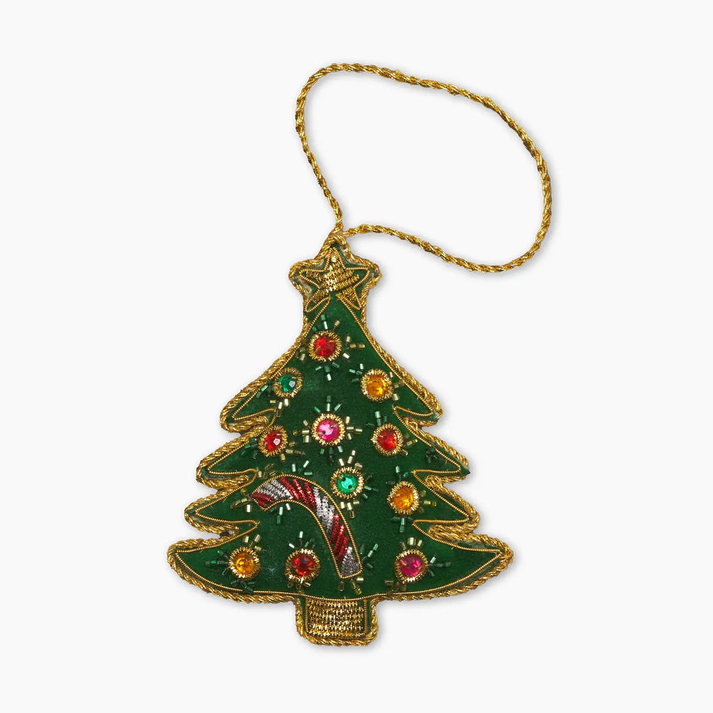 Decorative Christmas tree ornament with colorful lights on a white background