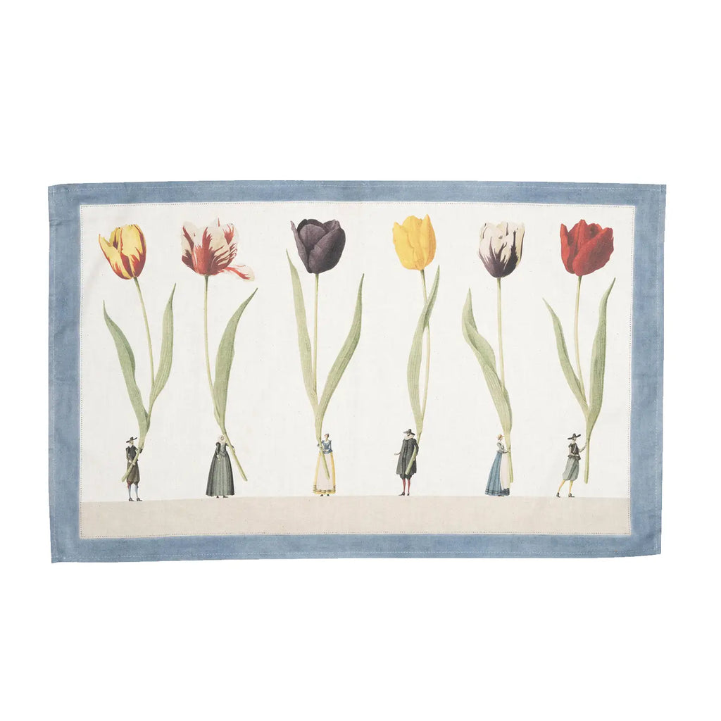 100% Cotton tea towel with figures carrying oversized colorful tulips.  Made in England.