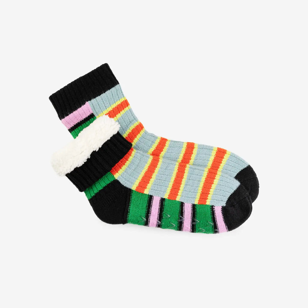 Colorful striped socks with black cuffs showing interior fleece on a white background