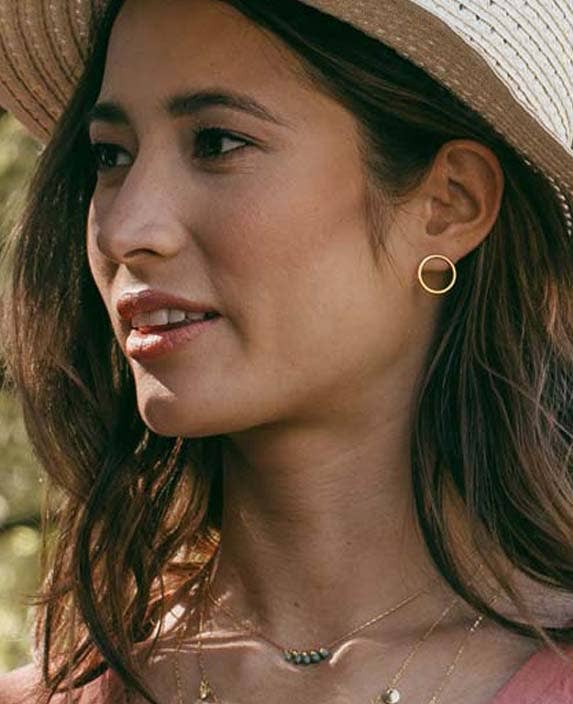 woman with hat on and brown hair wearing gold circle studs