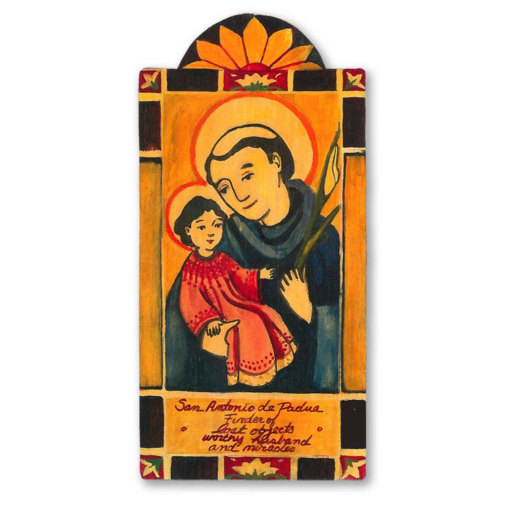 A colorful pocket saint retablo featuring St. Anthony of Padua with a child, surrounded by a decorative border with floral and geometric patterns.