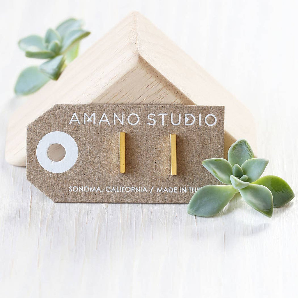 Amano Studio card with gold bar stud earrings