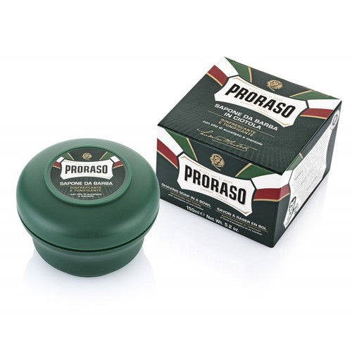 Green red and white packaging for Proraso Italian shave soap