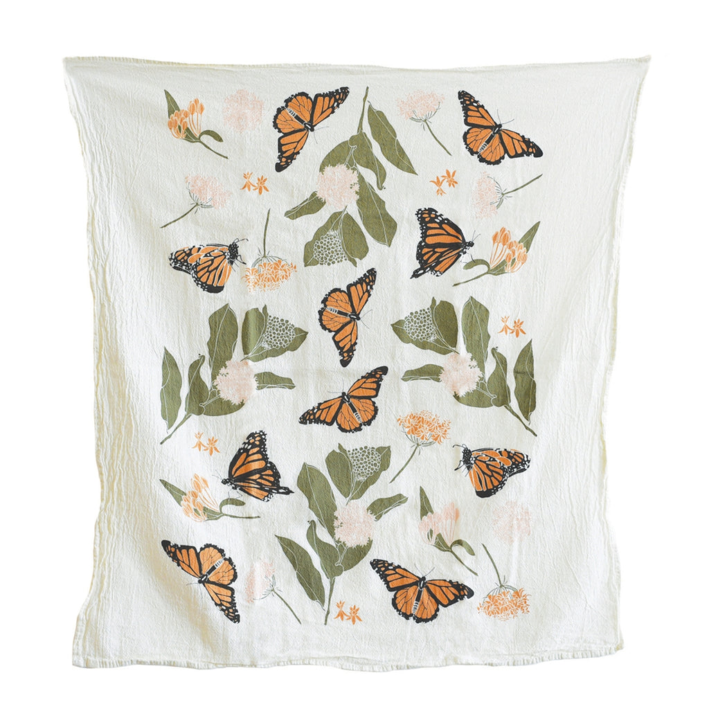 monarch butterfly, milkweed, flour sack napkins, 100% cotton