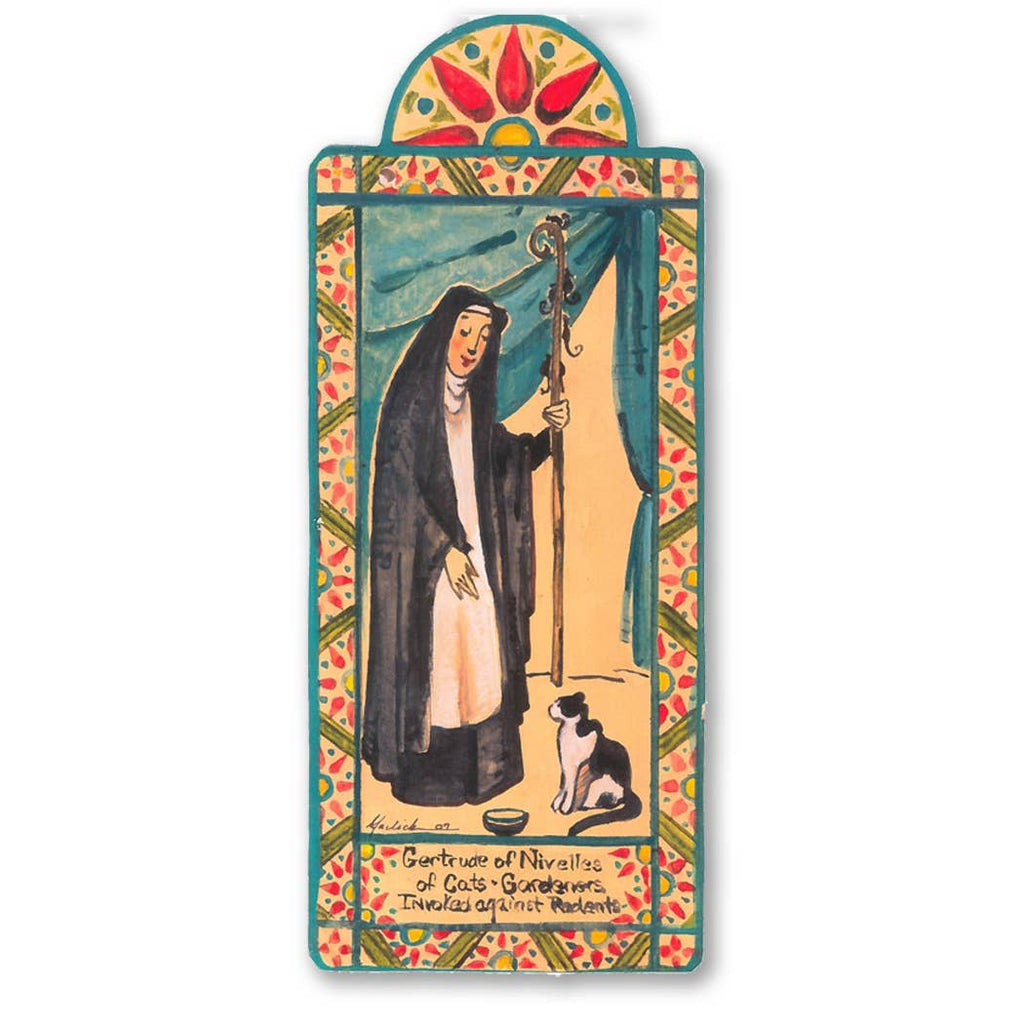 A colorful pocket saint retablo featuring St. Gertrude of Nevilles with a cat and a staff, surrounded by a decorative border.