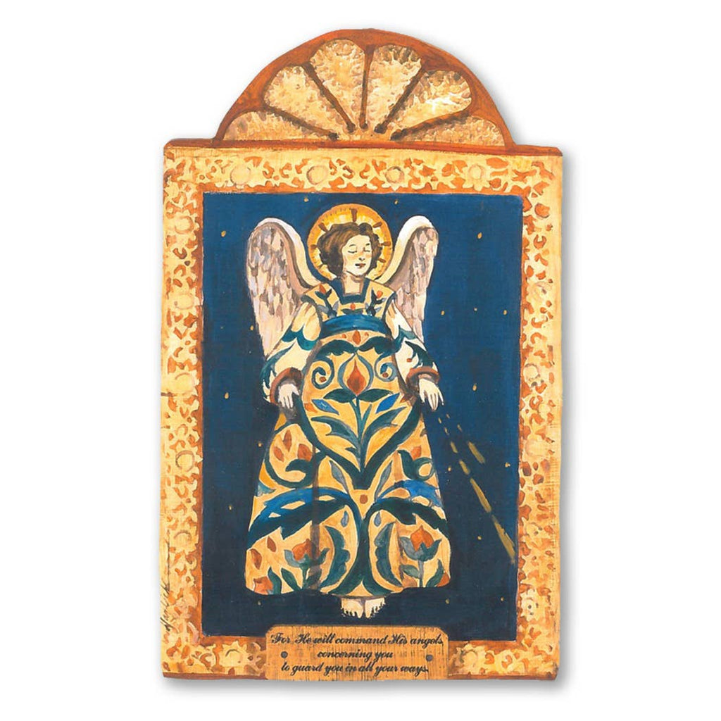 Pocket saint retablo guardian angel of protection and guidance on wood with angel in a colorful dress and gold border, white background