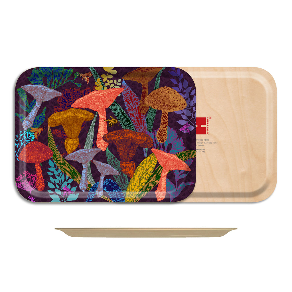 rectangular birch serving tray with purple background and colorful assortment of mushrooms on the front