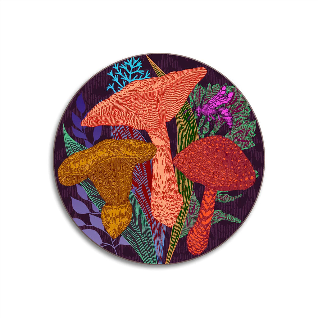 round melamine drink coaster with colorful mushrooms