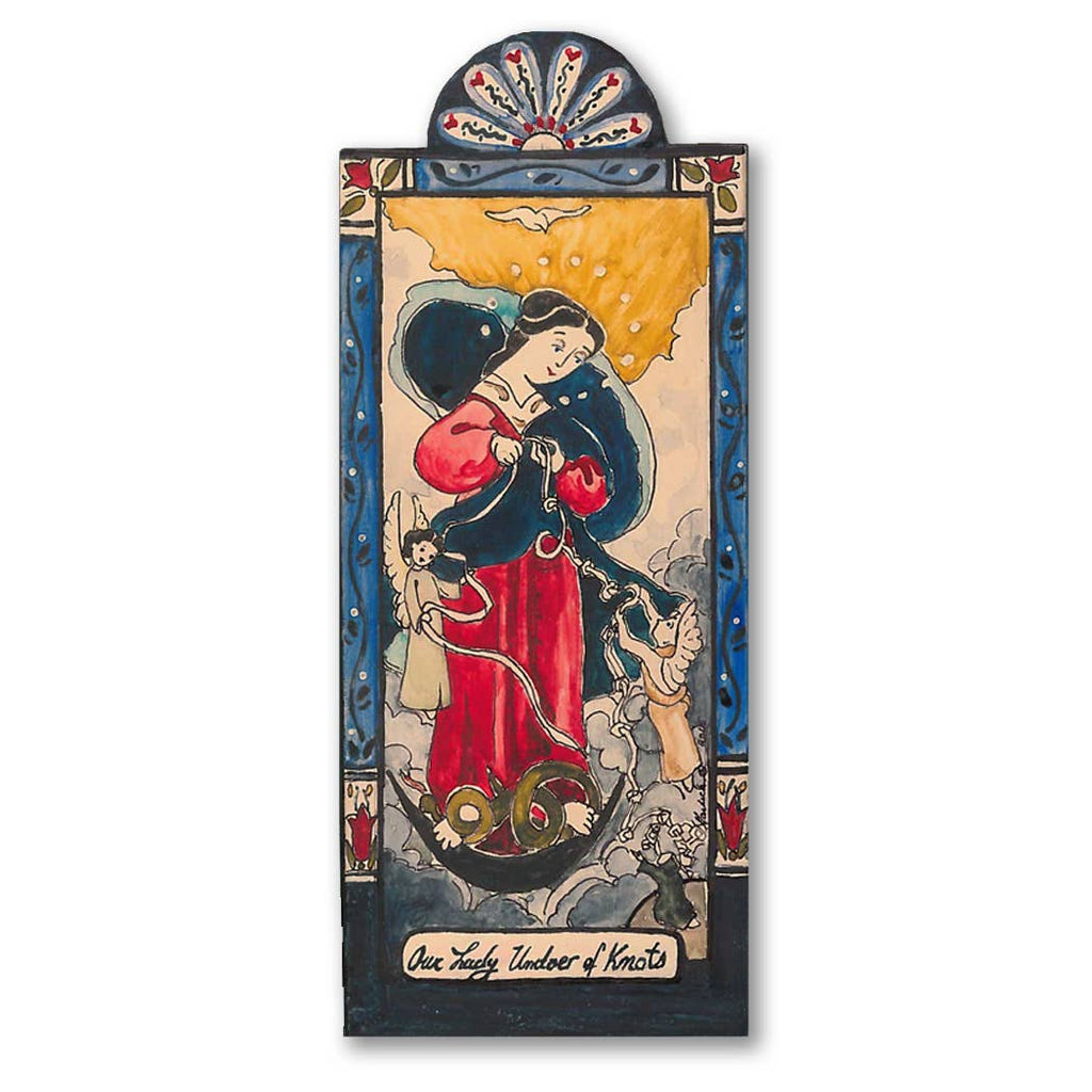 A pocket saint  retablo featuring Our Lady, Undoer of Knots, with a red dress and a blue sash surrounded by two cherubs and a blue border.