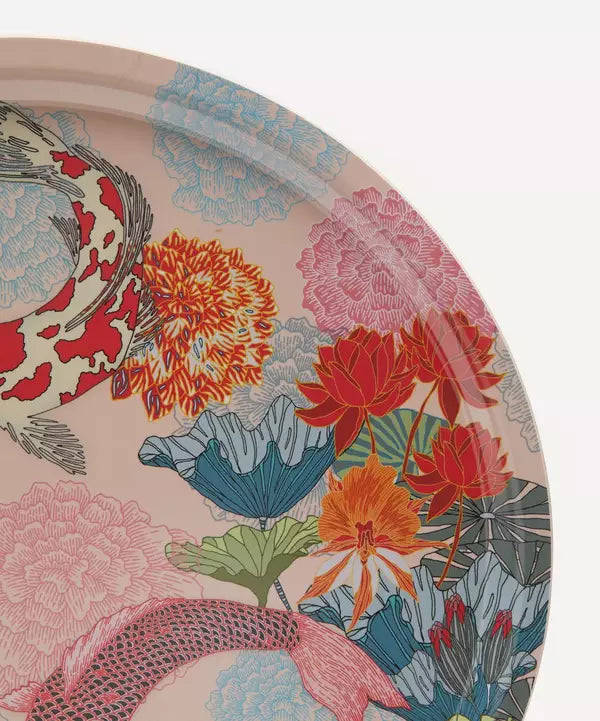 round birch serving tray with koi pond, pinks and reds and greens