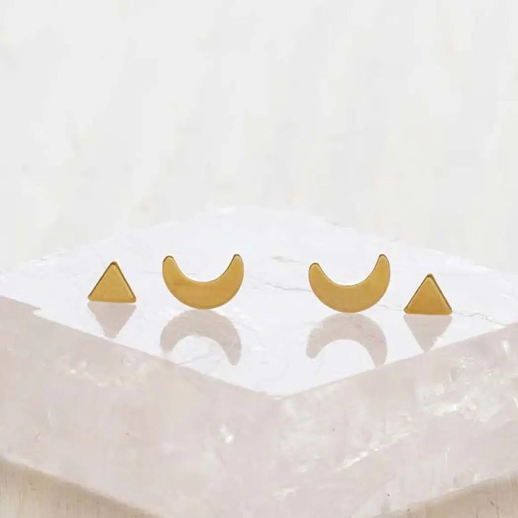 one pair of crescent moon stud earrings, one pair of pyramid stud earrings