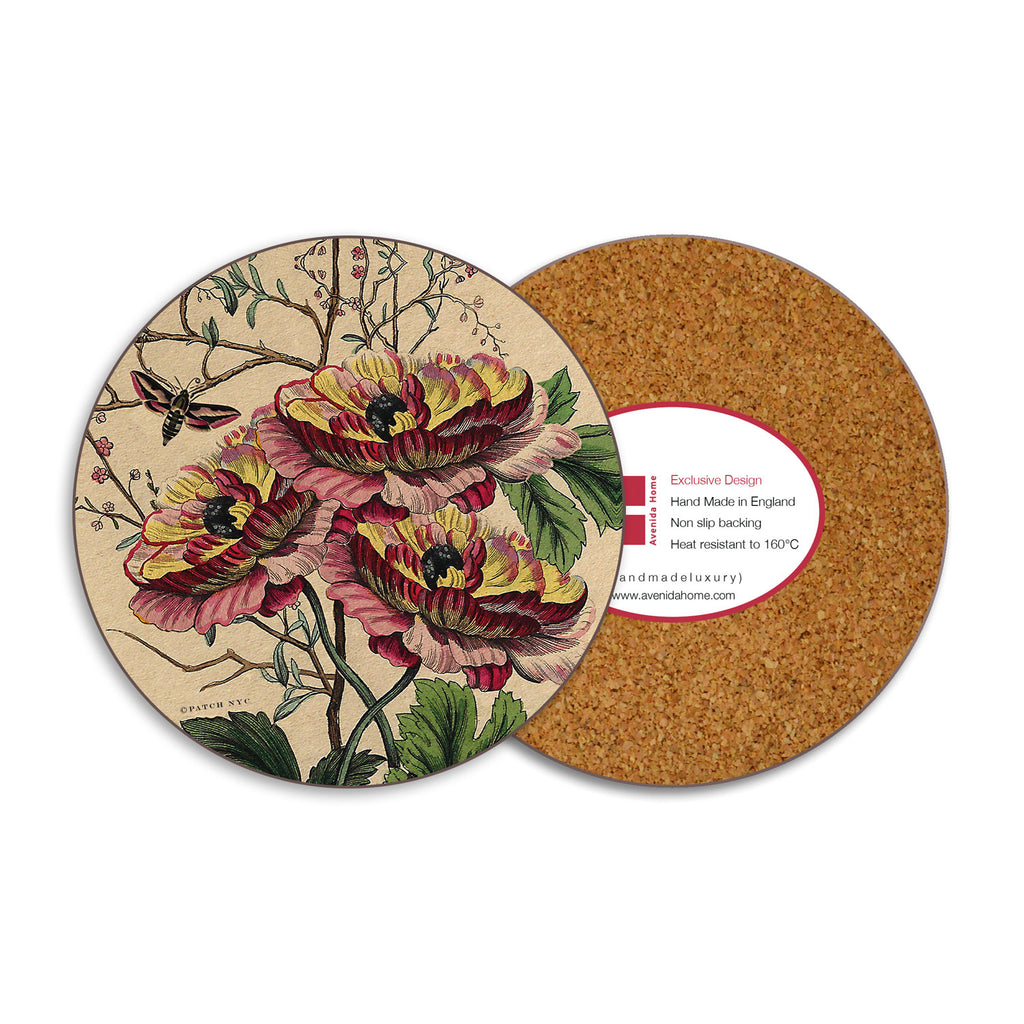 round melamime drink coaster with pink and yellow poppies on the front