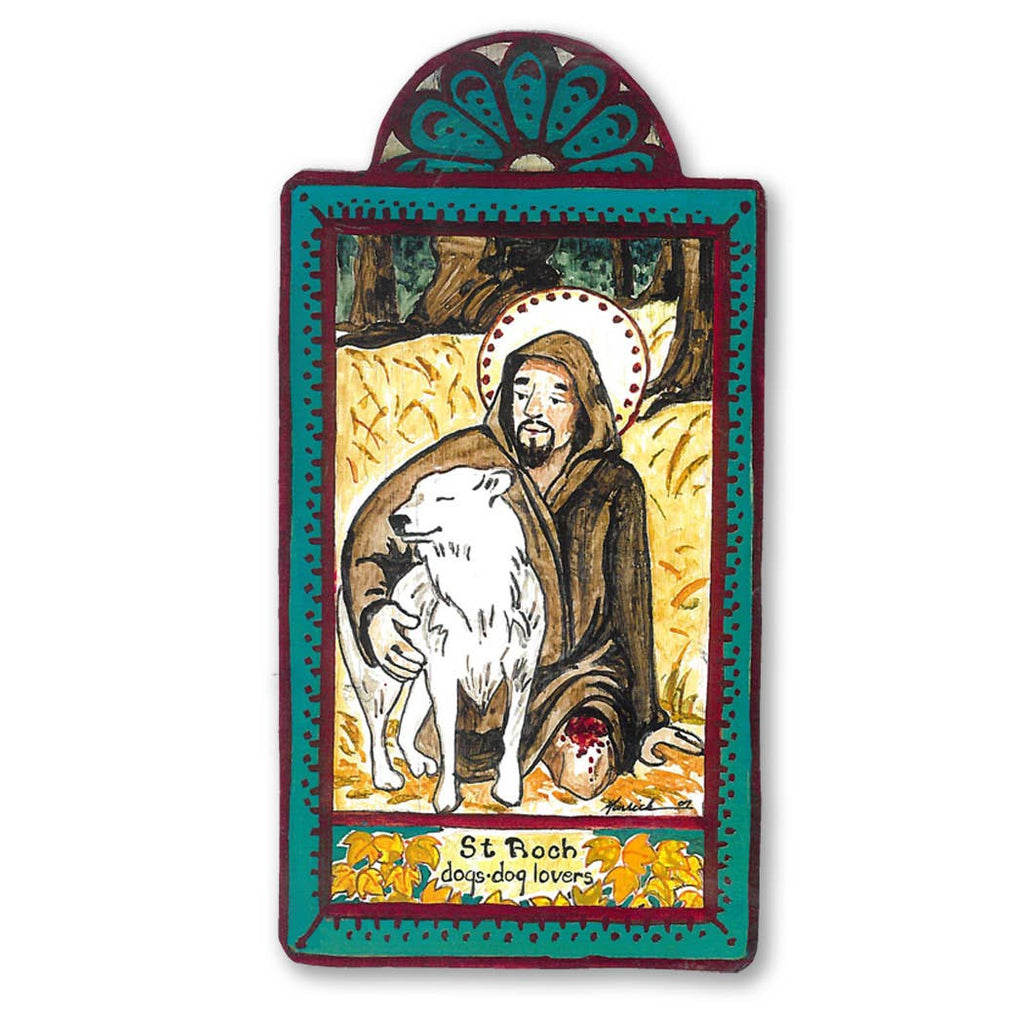 A religious pocket saint retablo featuring St. Roch with a dog, surrounded by a colorful border and floral motifs.