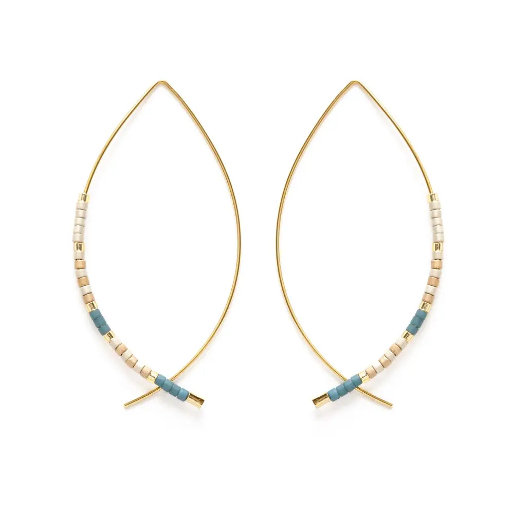 gold threader earrings with blue, white and tan beads