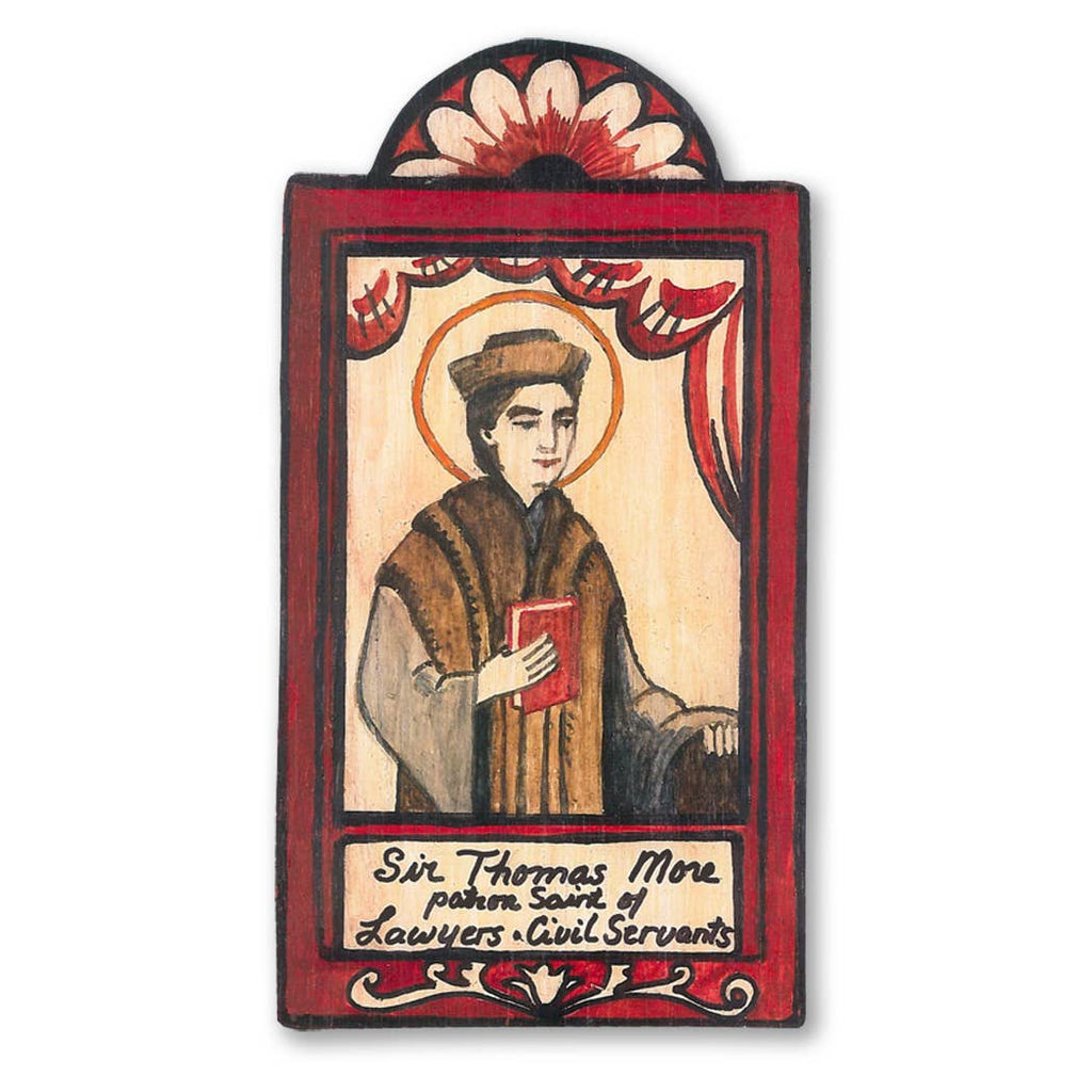 A rectangular wooden pocket saint retablo featuring an illustration of Sir Thomas More, with a red background, a book, and the text 'Sir Thomas More - Patron of Lawyers & Civil Servants'.