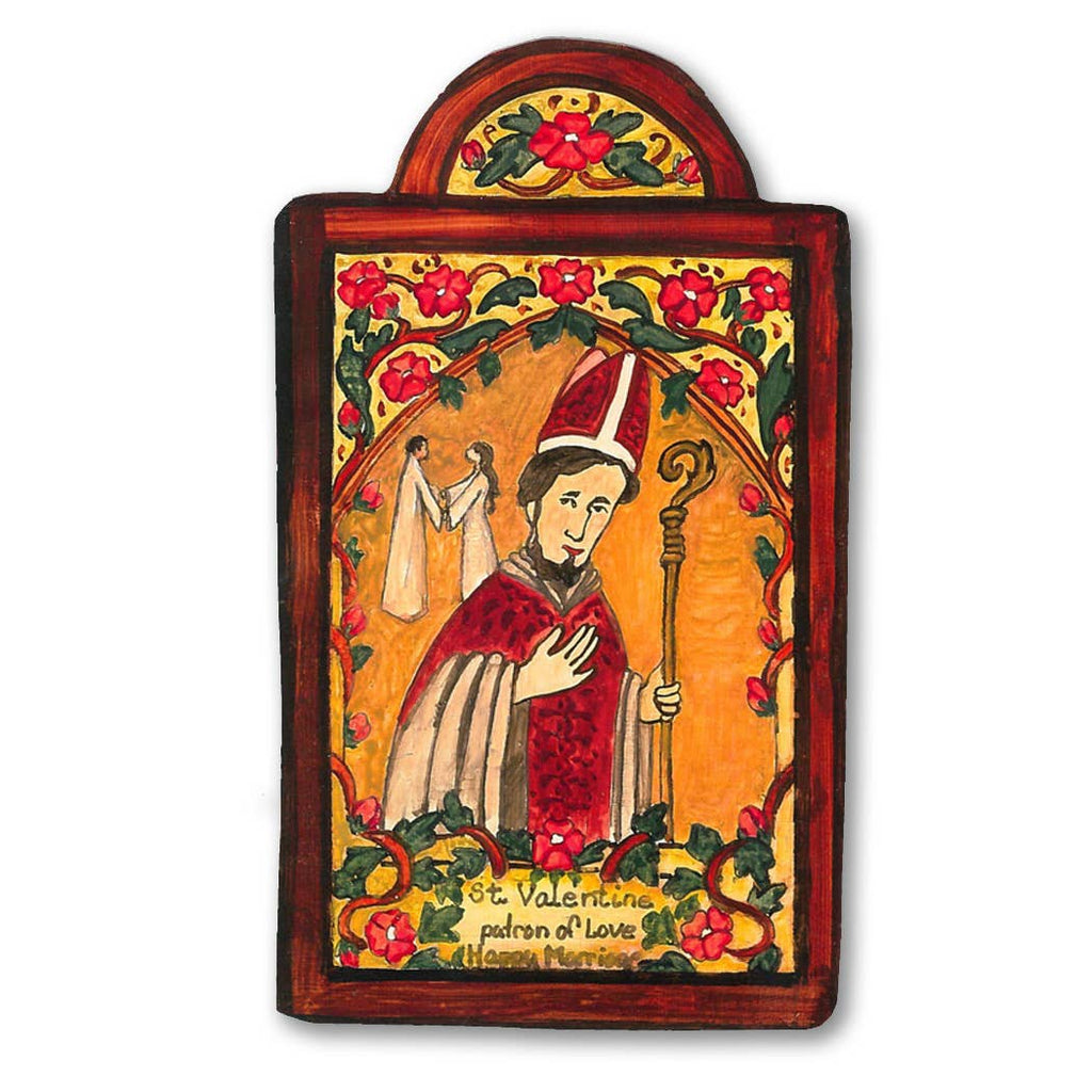 A pocket saint retablo featuring St. Valentine, patron of love with a colorful, floral background and a red border.